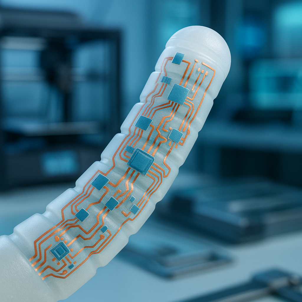 Soft robotic finger with embedded sensors being 3D printed in a lab environment