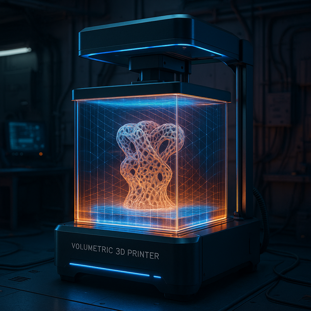 Volumetric 3D printing technology creating a complex object inside a resin tank with dynamic light patterns