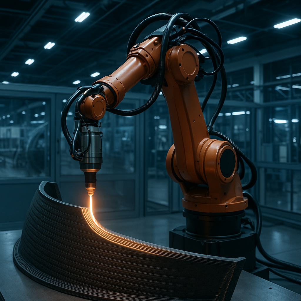 Robotic arm performing multi-axis 3D printing on curved aerospace part