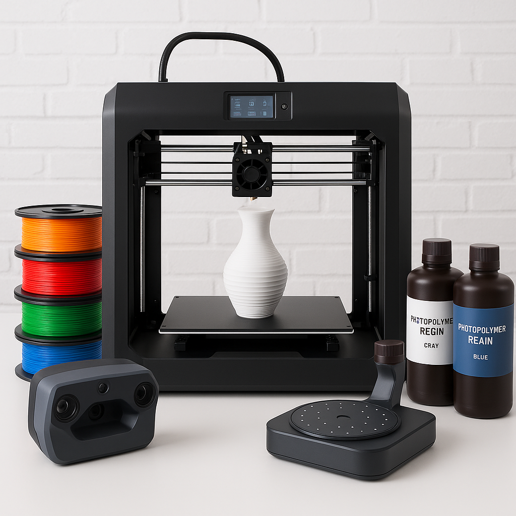 3D printer with filaments and 3D scanners on a tech desk