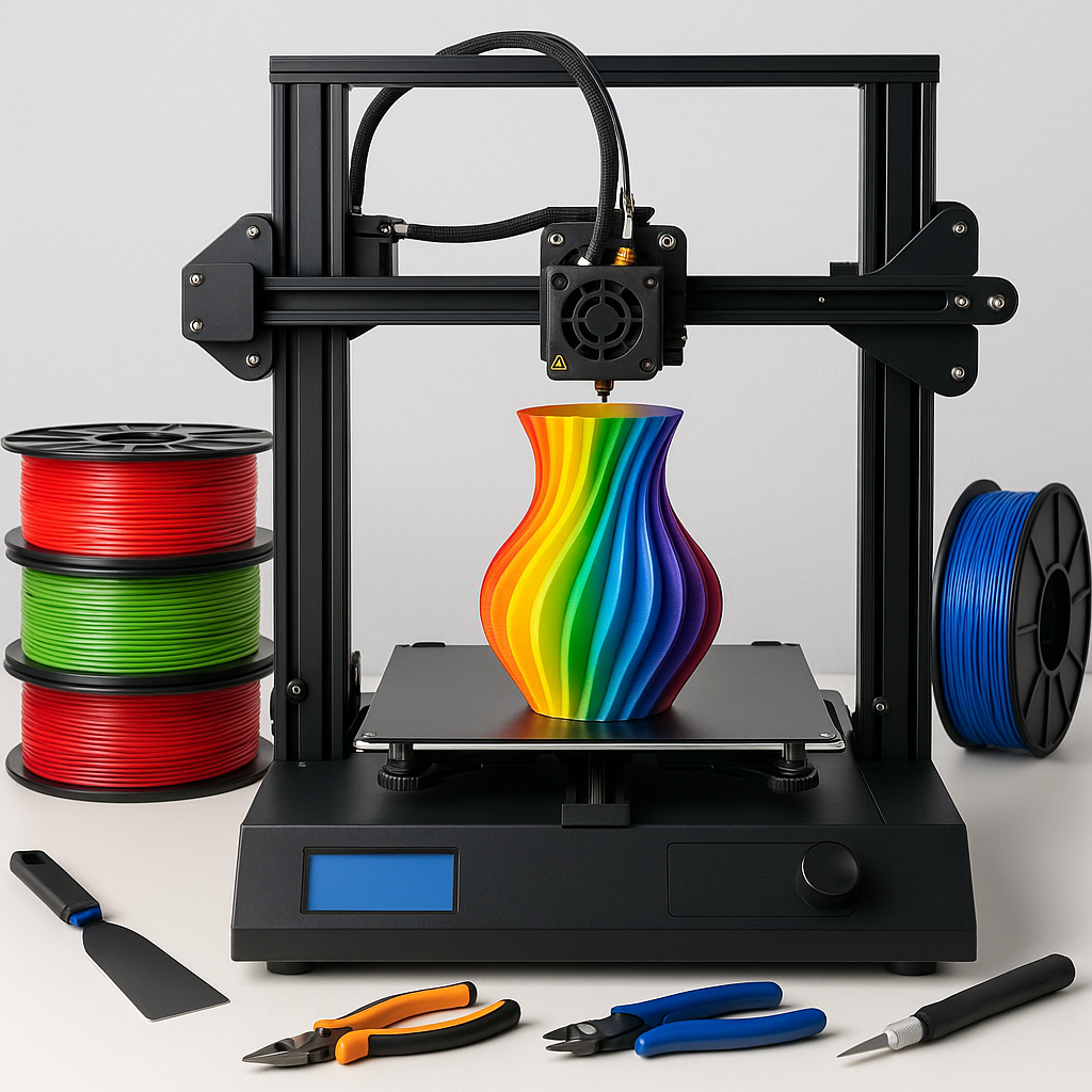 3D printer in action with colorful filament spools and tools