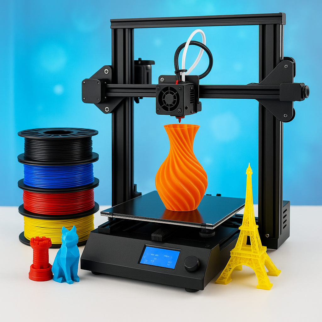 3D printer with filaments and printed models