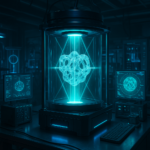 Volumetric 3D printing process creating a complex translucent object with light projections in a high-tech lab