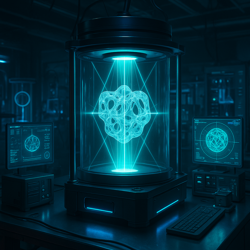 Volumetric 3D printing process creating a complex translucent object with light projections in a high-tech lab