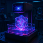 Volumetric 3D printer creating a glowing complex object inside a resin vat