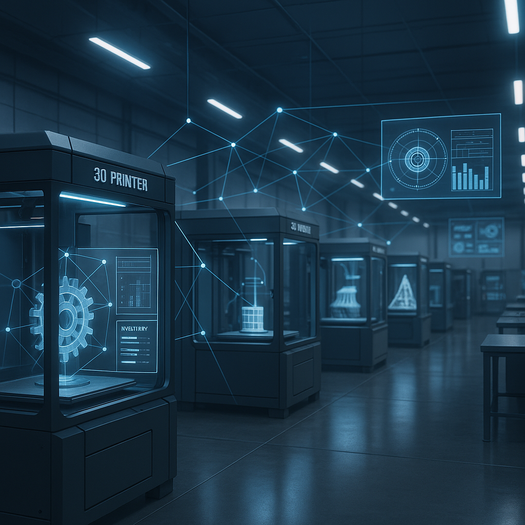 Distributed manufacturing network with 3D printers and digital inventory data visualization