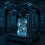 3D printer creating an object with embedded quantum sensors in a high-tech lab