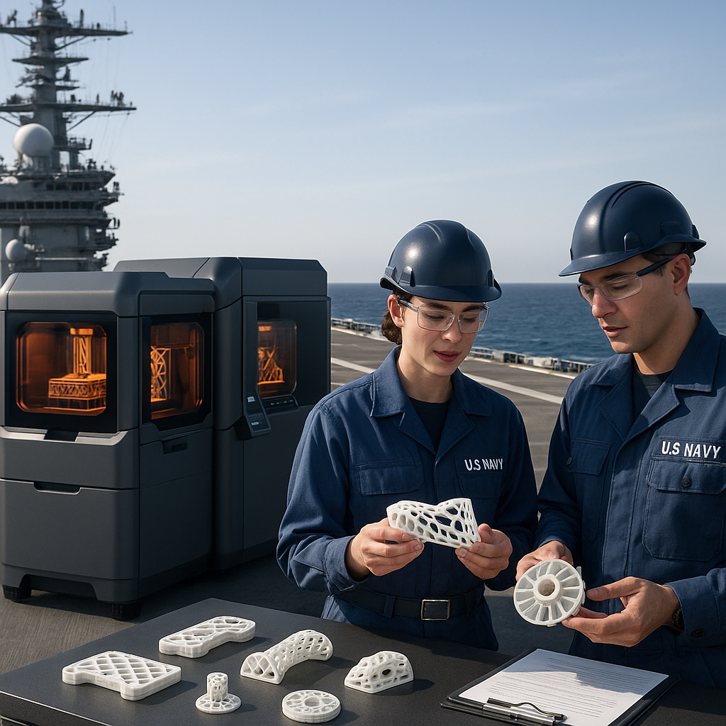 US Navy aircraft carrier deck with 3D printed spare parts and 3D printers