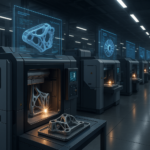 Advanced metal 3D printers producing parts with holographic digital inventory display in a futuristic factory