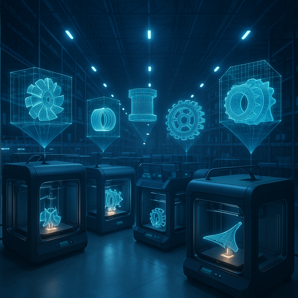 Futuristic warehouse showing digital inventory and 3D printing on demand