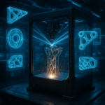 Volumetric metal 3D printer producing complex parts with holographic blueprints in a high-tech lab