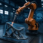 Industrial robotic arm performing multi-axis 3D printing on a curved metal part