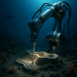 Robotic arm 3D printing concrete underwater on seafloor sediment