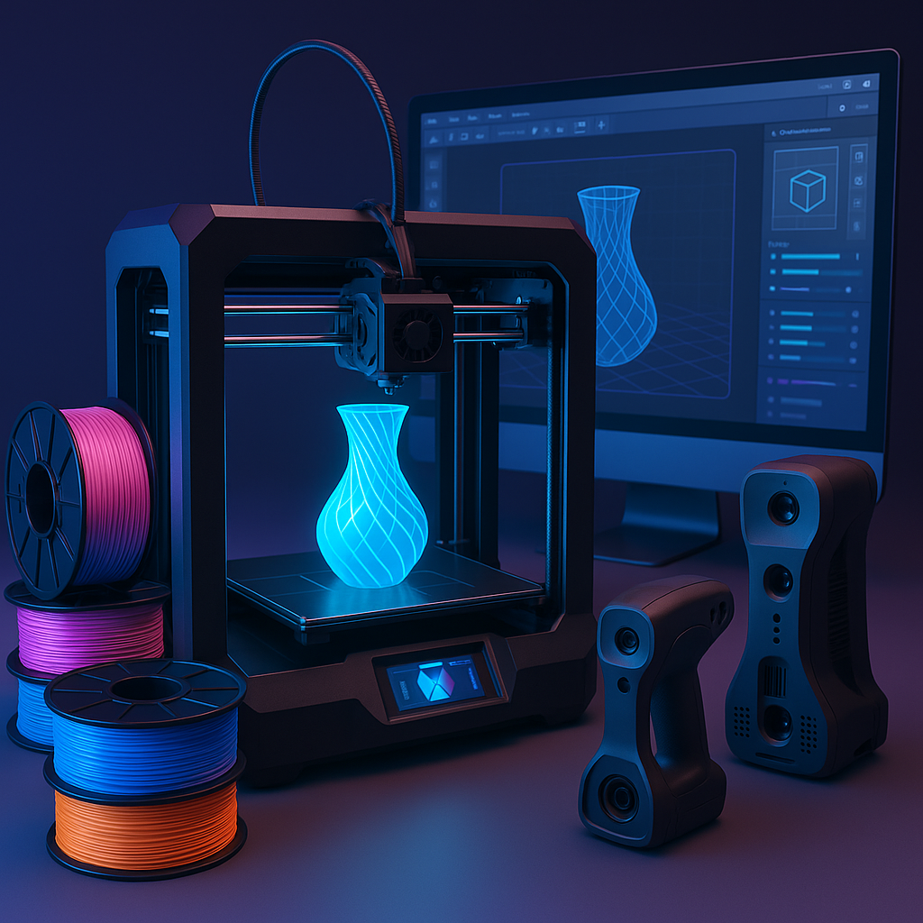 3D printer with filaments and 3D scanning devices