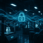 Distributed 3D printers connected securely through digital network with cybersecurity visualization