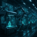 Multiple 3D printers working collaboratively in a high-tech industrial setting with digital overlays