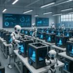 Automated desktop 3D printer farm with robots and digital monitoring screens illustrating print farm automation and collaborative printing