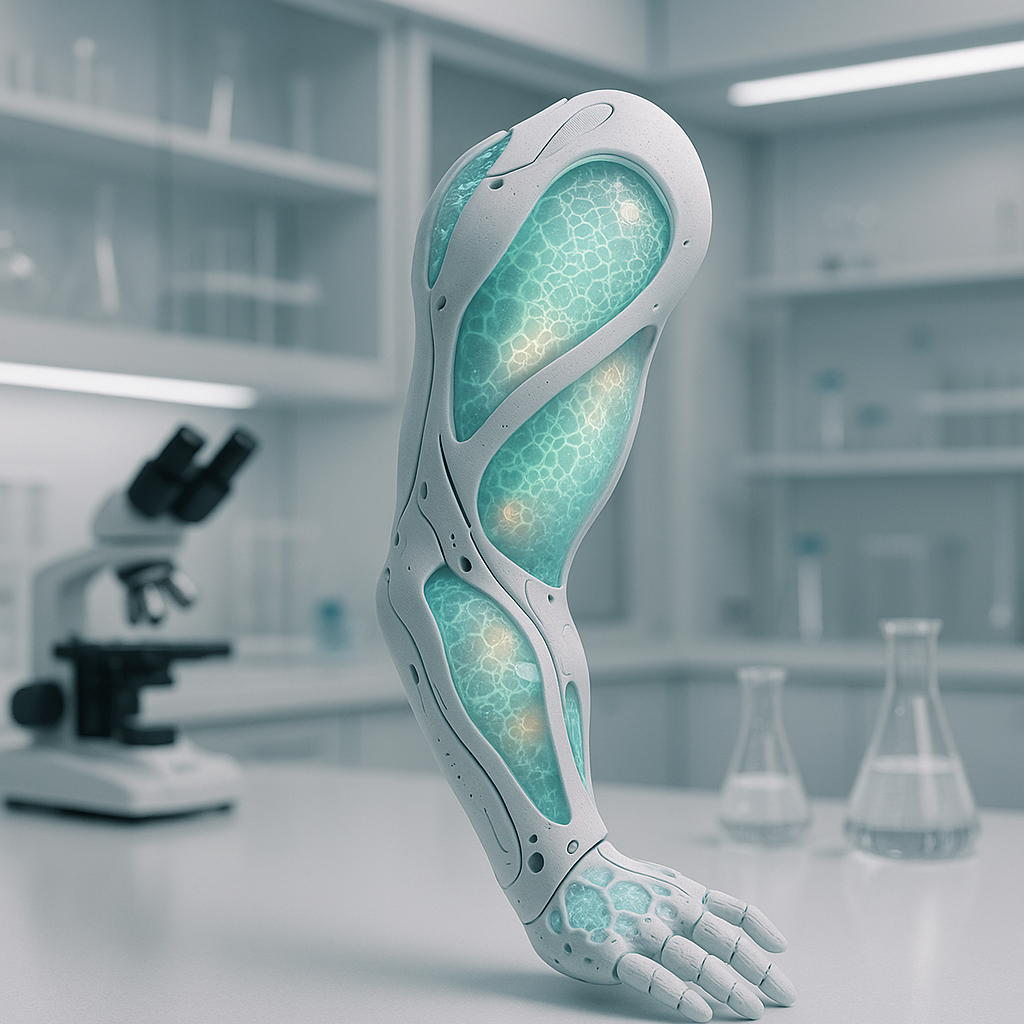 3D printed prosthetic limb with embedded living materials showing organic textures