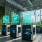 3D printers producing plastic parts on-demand in a modern European factory with digital inventory holograms