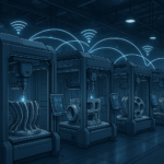 Industrial 3D printing facility showcasing multiple printers working collaboratively with digital network overlays
