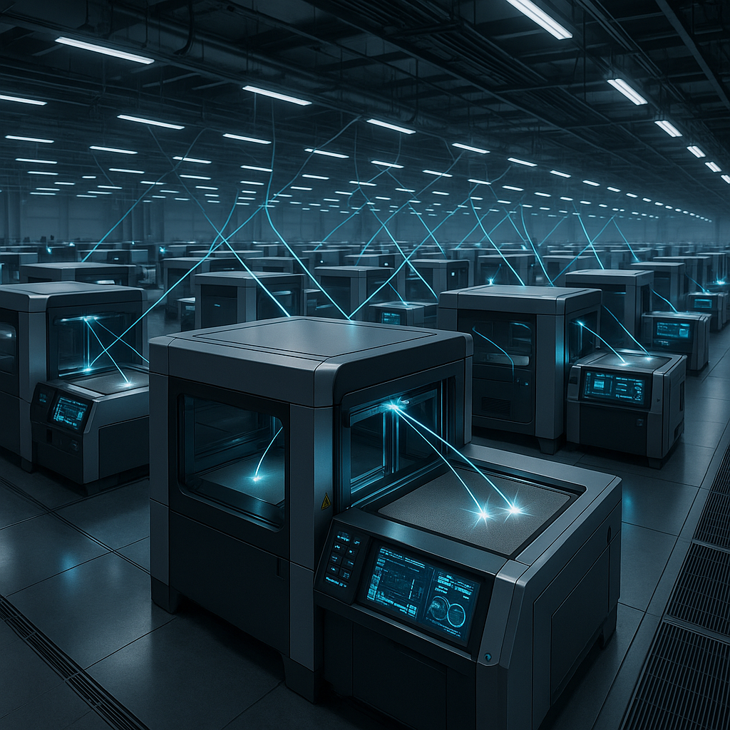 Industrial 3D printing facility showing multiple synchronized printers using advanced laser technology in a collaborative manufacturing setup