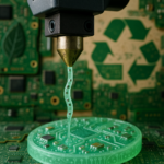 3D printer extruding smart filament made from recycled e-waste with electronic components visible