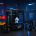 3D printer with filaments, resin, scanners, and software in a modern workshop