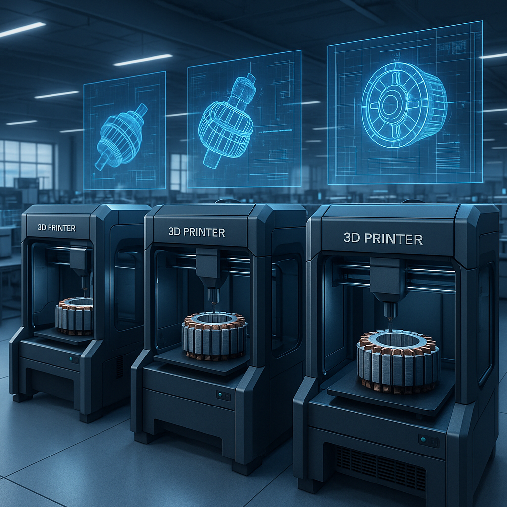 3D printers fabricating electric machine components in a distributed manufacturing setup