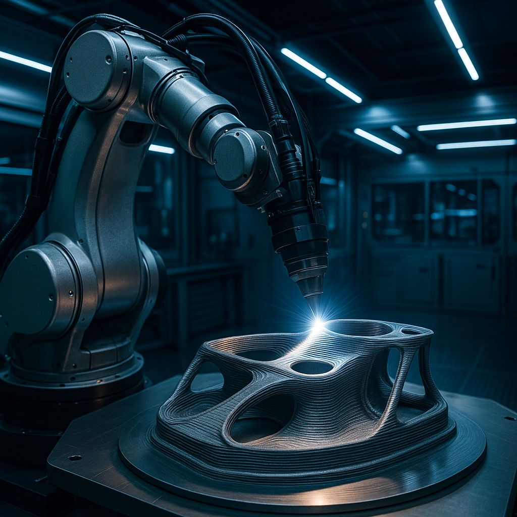 Robotic arm performing multi-axis 3D printing on aerospace part in advanced manufacturing lab