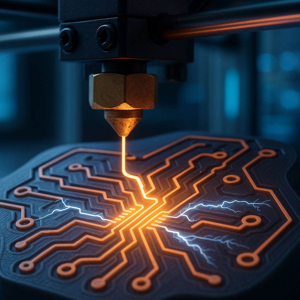 3D printer extruding conductive filament with visible electrical currents in printed circuit