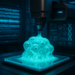 3D printer creating living microbial ink composed of protein nanofibers and bacteria in a futuristic lab