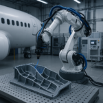 Robotic arm 3D printing an aerospace component in a high-tech manufacturing lab