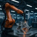 Robotic arm 3D printing a complex aerospace part with multi-axis, non-planar additive manufacturing