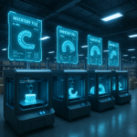 Digital inventory holograms above 3D printers in a futuristic manufacturing warehouse