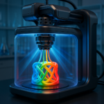 Multi-material 3D printing with embedded extrusion and volumetric curing in a futuristic lab