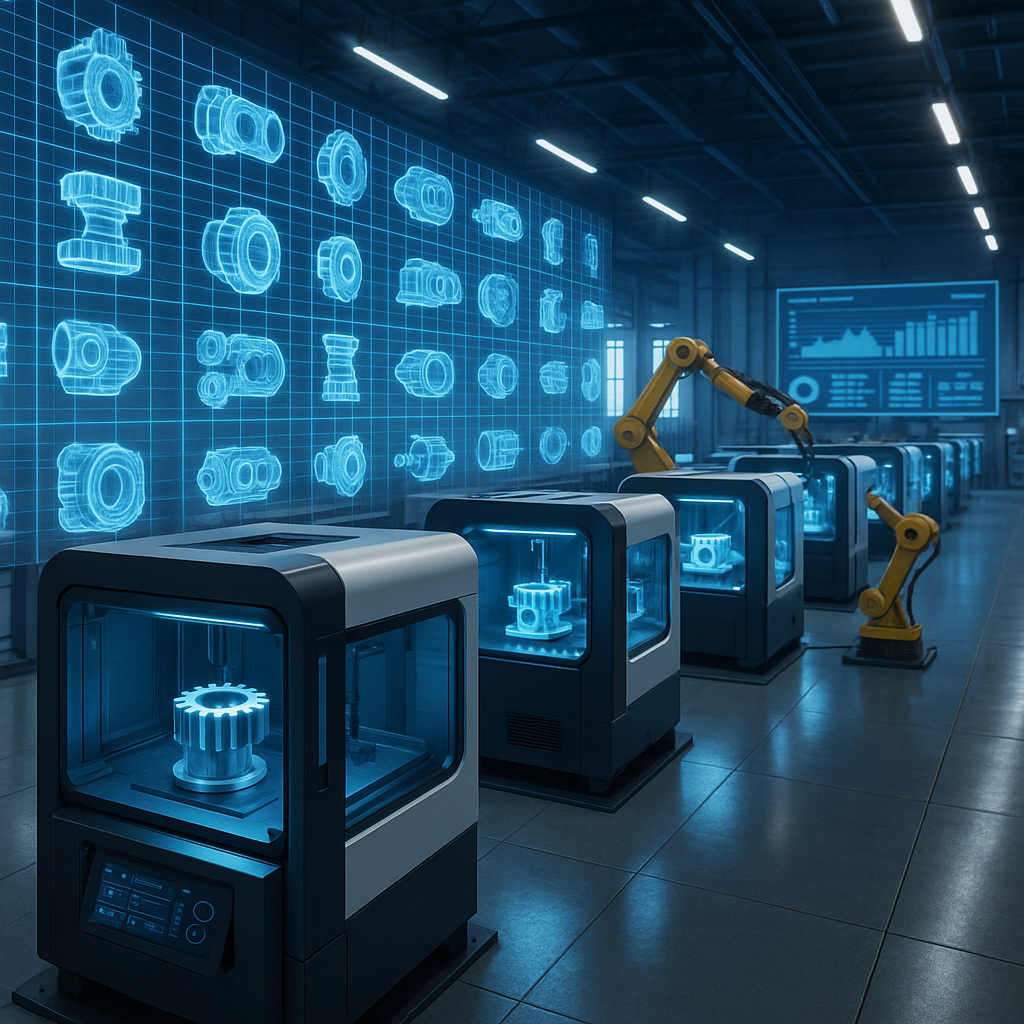 Factory floor with 3D printers and digital inventory holograms illustrating on-demand manufacturing