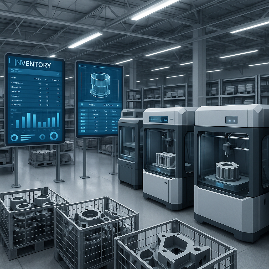 Futuristic warehouse showing digital inventory management and 3D printing in action