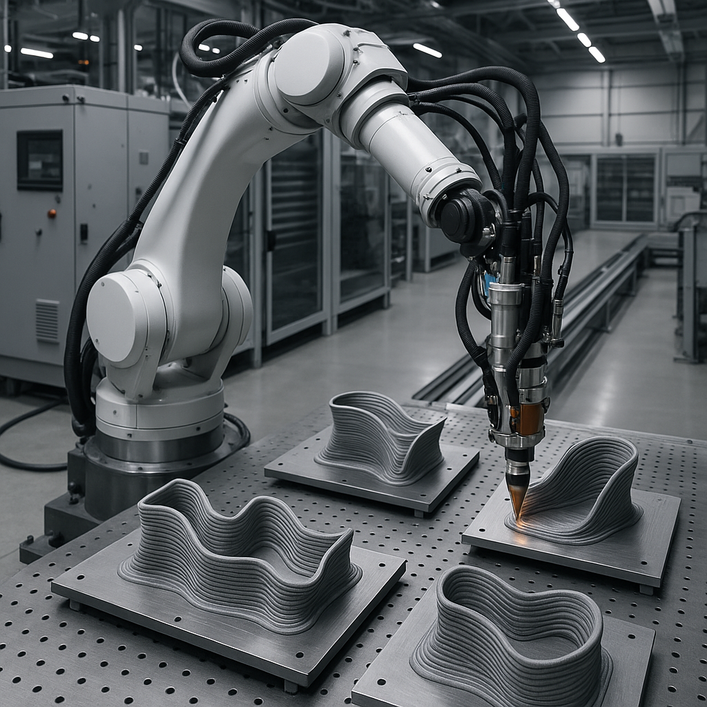 Robotic arm 3D printing on multiple build plates with multi-axis movement in an automated industrial environment