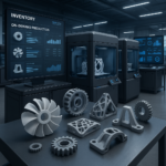 3D printers producing parts with digital inventory data overlays in a modern manufacturing facility