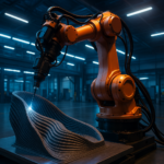 Robotic arm executing multi-axis 3D printing on a curved object in a modern factory
