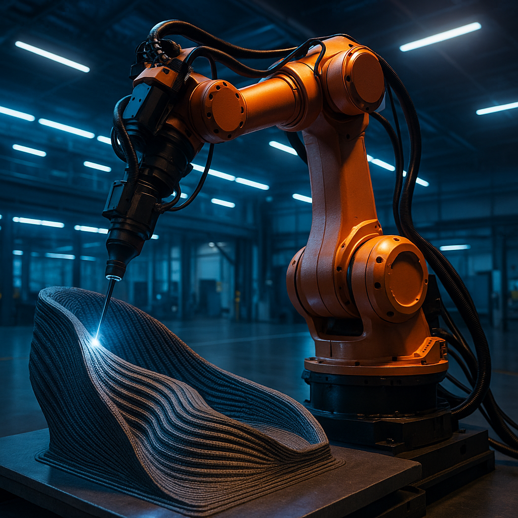 Robotic arm executing multi-axis 3D printing on a curved object in a modern factory