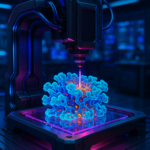 3D bioprinter creating living materials with engineered proteins in a high-tech lab