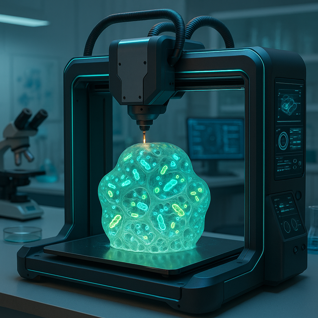 3D printer creating complex bio-embedded living materials with glowing bacteria in a lab setting