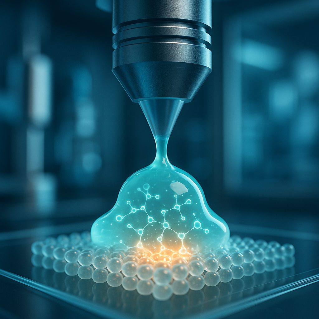 3D printer nozzle extruding gel material showing uniform interfacial gelation