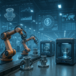 Factory floor with 3D printers producing parts and digital interfaces representing a digital warehouse