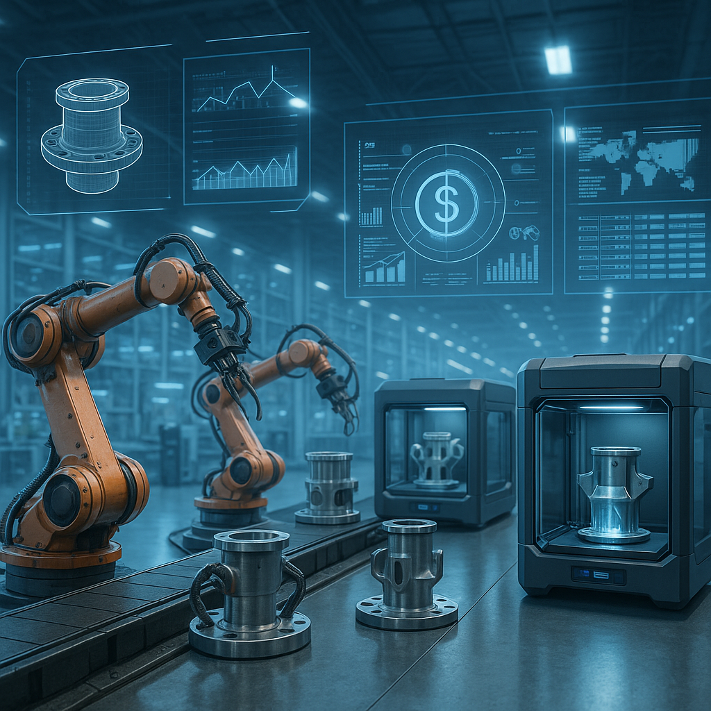 Factory floor with 3D printers producing parts and digital interfaces representing a digital warehouse