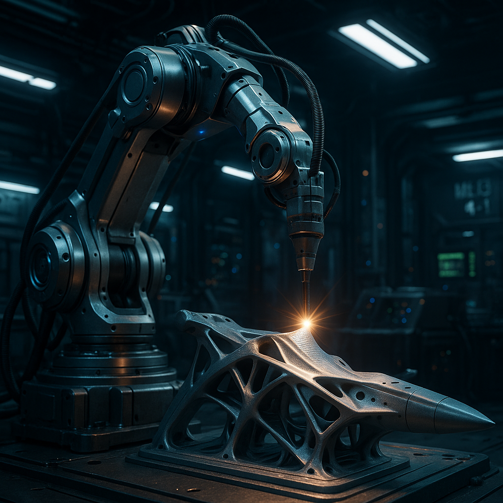 Robotic arm performing multi-axis 3D printing on aerospace part in military lab