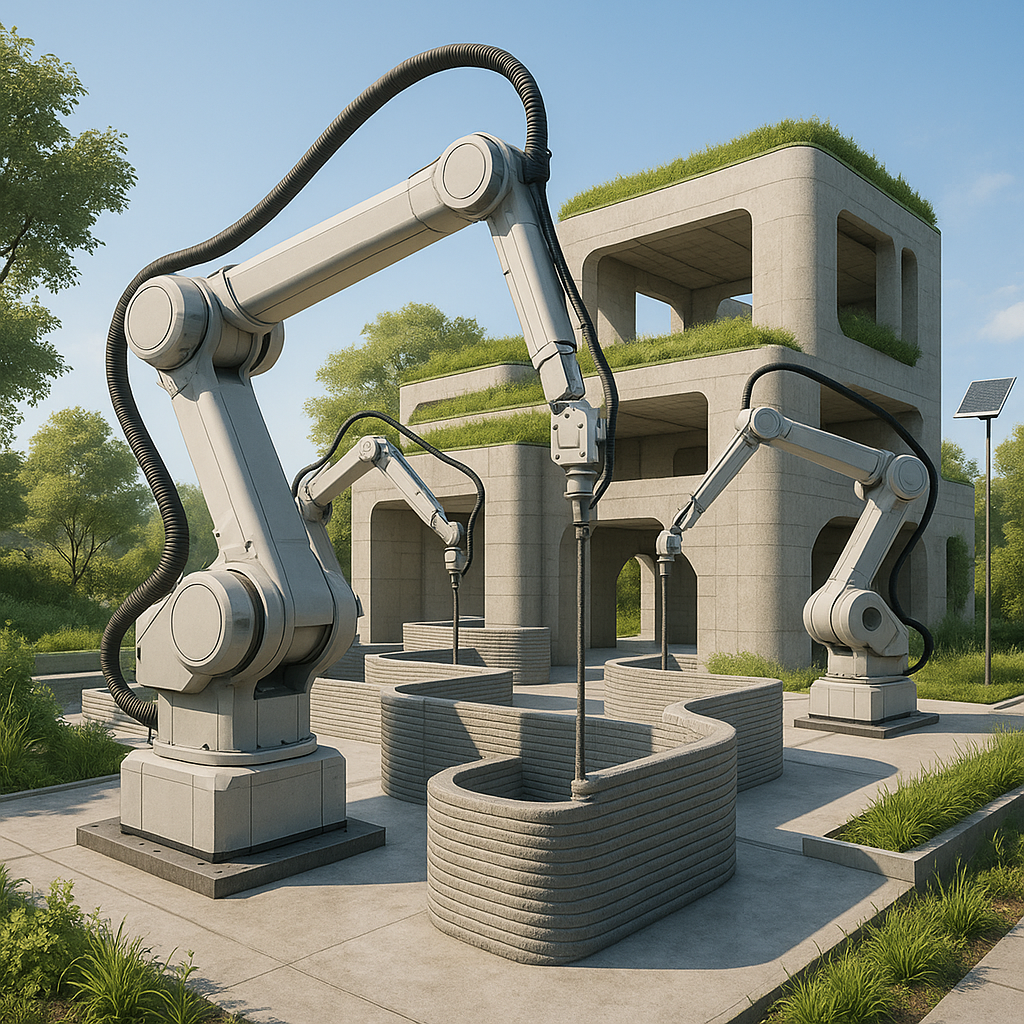 Multiple robotic 3D concrete printers collaboratively constructing a sustainable building
