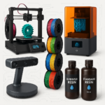 Collage of 3D printing equipment, scanners, filaments, and resins