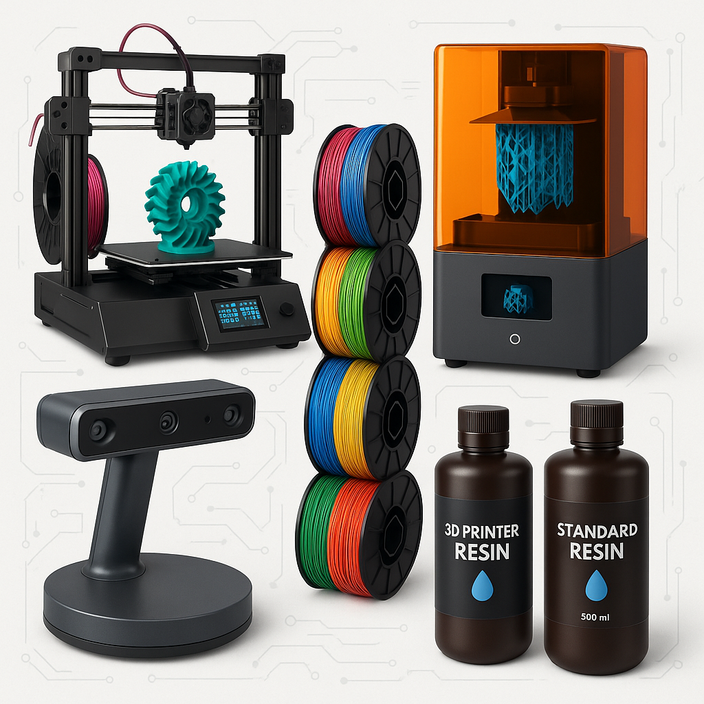 Collage of 3D printing equipment, scanners, filaments, and resins
